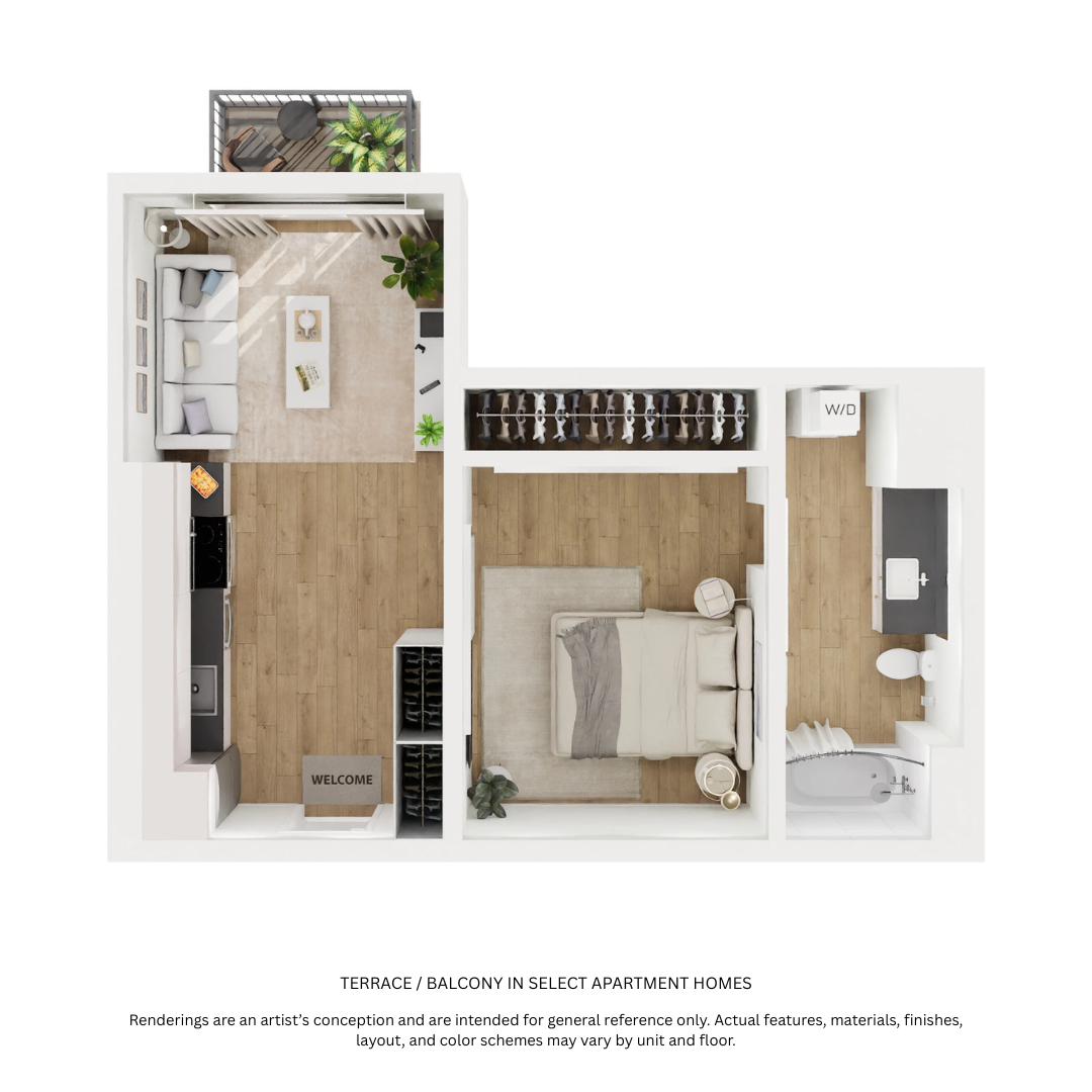 Floor plan for 1 bed, 1 bath, 477 sqft